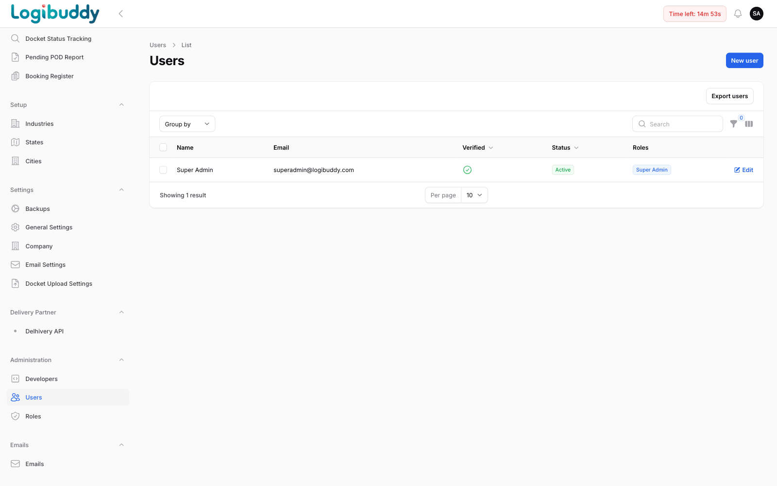 Users list with email, verified status and assigned roles